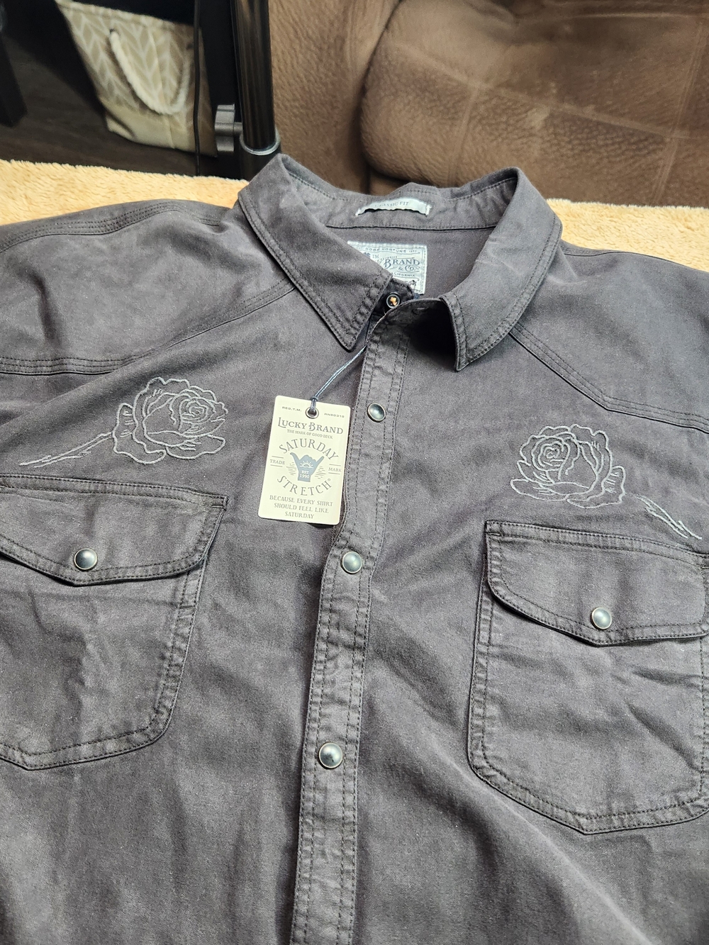Lucky Brand Men’s Gray Peral Snap Button-Front Shirt with Rose Embroidery XXL